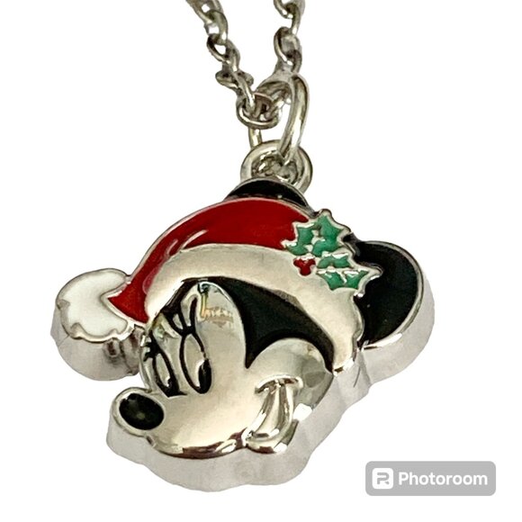 Vintage Disney Minnie Mouse Christmas Necklace Santa Hat 18" Chain Enamel Signed - Picture 1 of 7